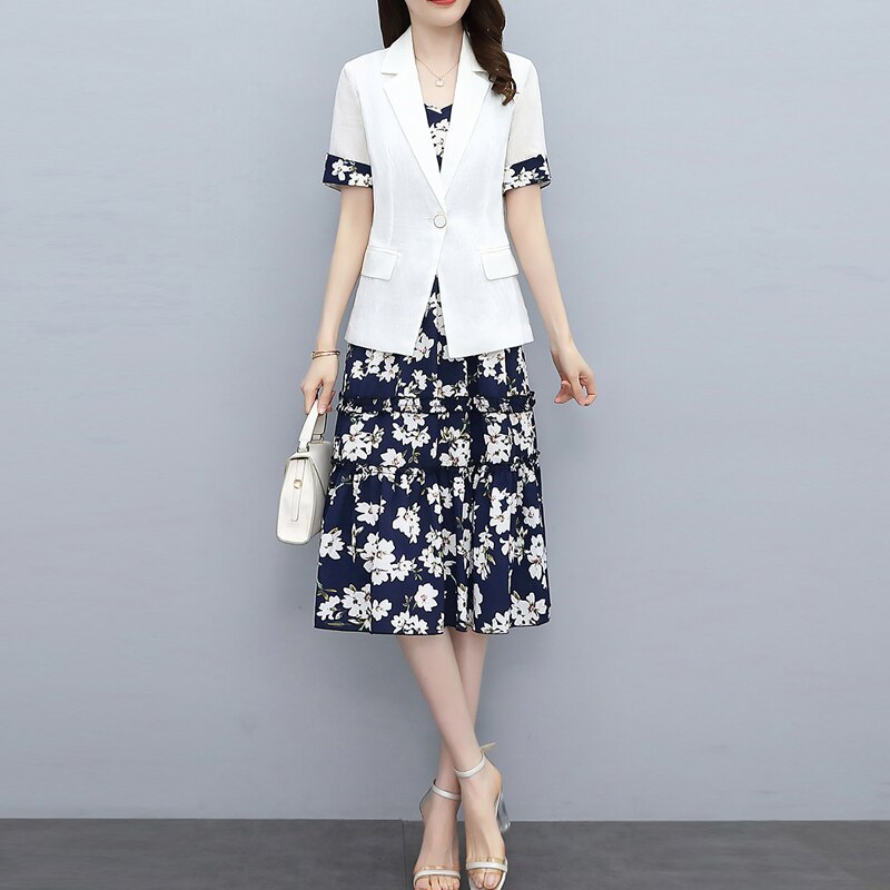 여름 여성 얇은 짧은 소매 화이트 블레이저 + 꽃 캐미솔 드레스 정장, 우아한 패션 드레스 세트 2 피스/세트